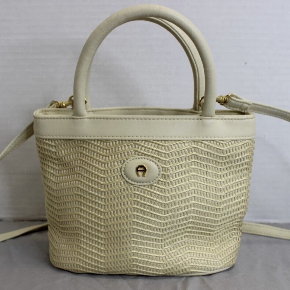 Etienne Aigner Cream Woven Straw Leather Purse Shoulder Bag